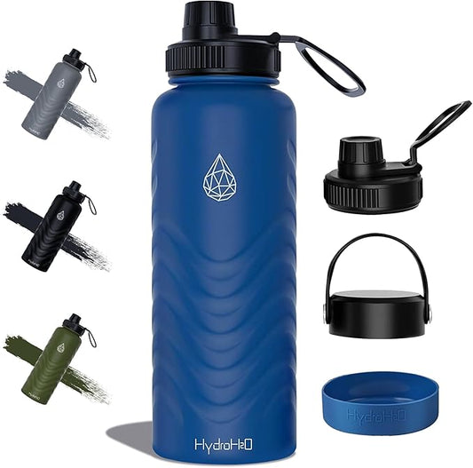24oz Stainless Steel Insulated Water Bottle, 48H Ice Cold & 24H Hot, Leak-Proof Wide Mouth Lids (Straw & Spout), BPA-Free Bottles, Mens Water Bottle for Gym, Hiking, Travel - Blue