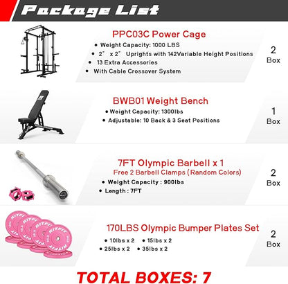 RitFit Multi-Function Garage & Home Gym Package Includes 1200LBS Power Cage PPC03/P3 with Cable Crossover System, Weight Bench, Olympic Barbell Weight Set, Full Body Workout
