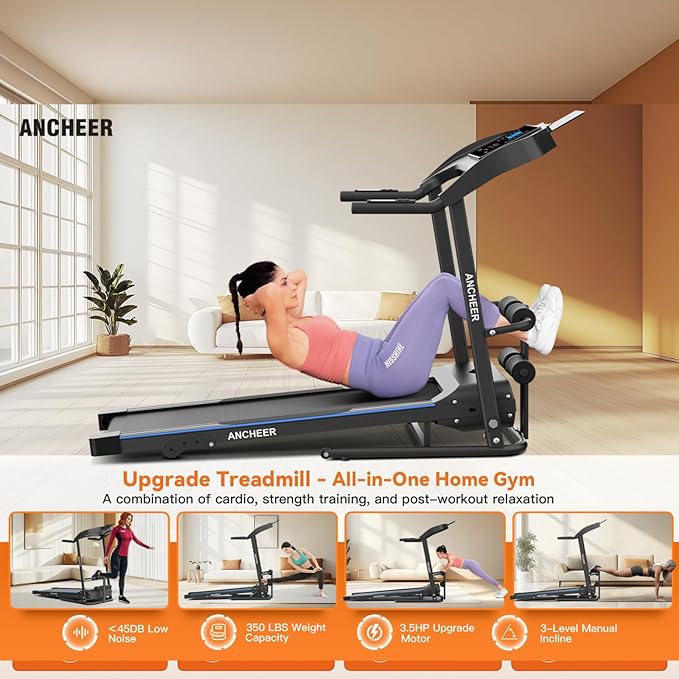 Treadmill with Incline & Sit Up Bench, Smart Treadmills for Home with Body Fat Measurement & Heart Rate Sensor, 3.5HP Foldable Heavy Duty Treadmill 350 LB Capacity Multifunction Exercise Equipment