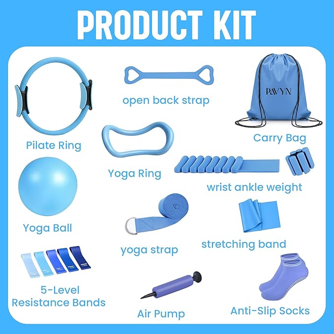 Pilates Kit 16- Pieces with Adjustable Resistance – Fitness Ring, Exercise Ball, Bands, Wrist Weights & Essential Pilates Equipment for Home Workouts - Versatile Fitness Accessories