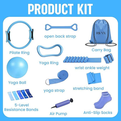 Pilates Kit 16- Pieces with Adjustable Resistance – Fitness Ring, Exercise Ball, Bands, Wrist Weights & Essential Pilates Equipment for Home Workouts - Versatile Fitness Accessories