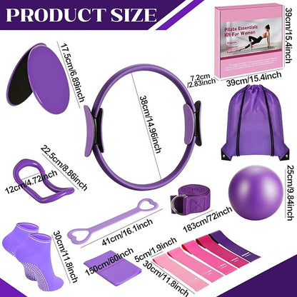 14 PCS Pilates Kit, Home Pilates Workout Kit for Women, Pilates Equipment with 14.9" Pilates Ring and Ball, Resistance Bands, Sliders & Grip Socks Accessories for Starter Home Workouts（Purple）