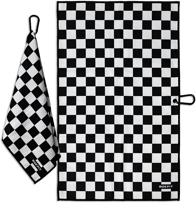 RokFit Gym & Golf Towel – Multi-Use, Quick-Dry, Durable Utility Towel with Bold Graphic and Carabiner Clip (Checker)