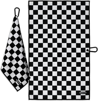 RokFit Gym & Golf Towel – Multi-Use, Quick-Dry, Durable Utility Towel with Bold Graphic and Carabiner Clip (Checker)
