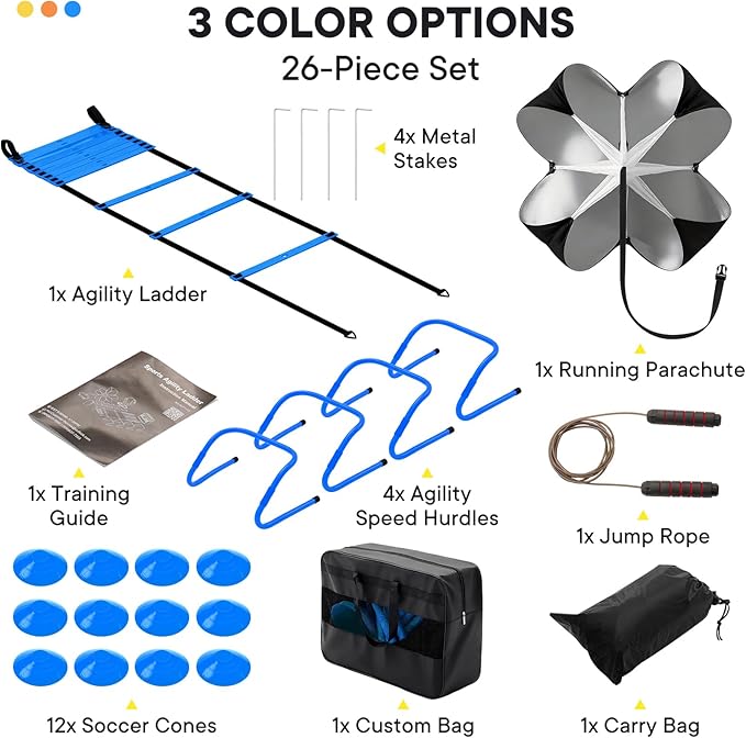 Agility Ladder Speed Training Equipment Set-20ft Ladder, 12 Cones, 4 Adjustable Hurdles, Jump Rope, Resistance Parachute| Basketball, Soccer, Football Practice Equipment for Youth, Adults