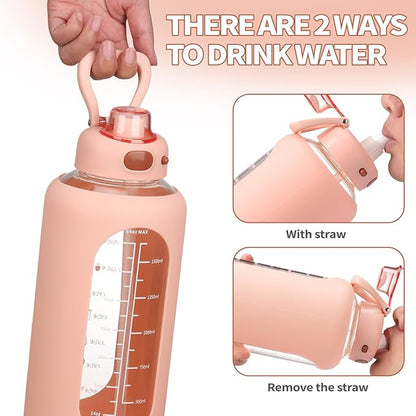 SIEROZUR 42 oz Glass Water Bottle with Straw and Handle Half Gallon Large Water Bottle with Silicone Sleeve and Time Marker Sports Water Jug Wide Mouth for Travel Gym