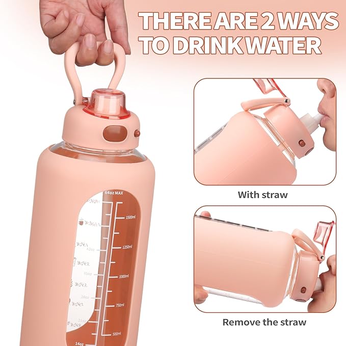 SIEROZUR 64 oz Glass Water Bottle with Straw and Handle Half Gallon Large Water Bottle with Silicone Sleeve and Time Marker Sports Water Jug Wide Mouth for Travel Gym