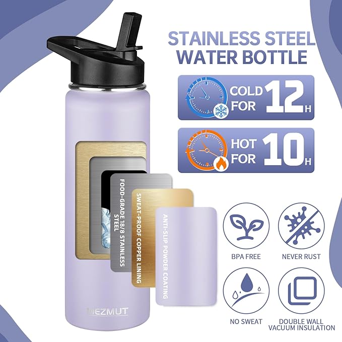 24oz Insulated Water Bottle with Straw&2 Lids, Stainless Steel Water Bottles, Sports Metal Water Bottle Cup, Double Walled Vacuum Insulated Bottles Leak-Proof Travel, Purple