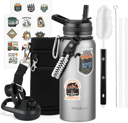 32 oz Insulated Water Bottle with Straw, Stainless Steel Triple Wall Vacuum Sports Water Jug, Leakproof Hydro Cup Flask with Paracord Handle & Straw Spout Lids & DIY Stickers