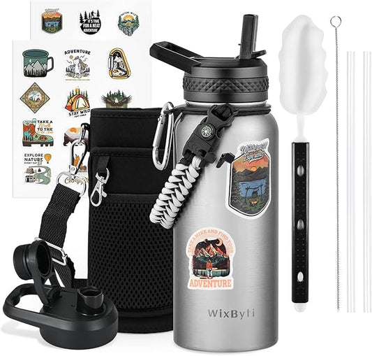 32 oz Insulated Water Bottle with Straw, Stainless Steel Triple Wall Vacuum Sports Water Jug, Leakproof Hydro Cup Flask with Paracord Handle & Straw Spout Lids & DIY Stickers