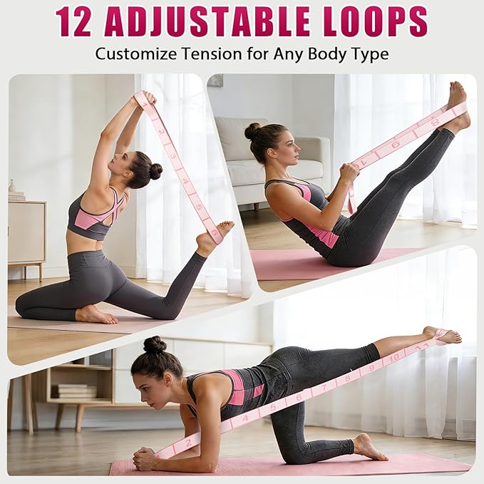 Fitness Resistance Bands with 12 Loops, Numbered Resistance Bands for Physical Therapy, Women Stretch Strap for Home Gym, Elastic Exercise Bands for Yoga, Pilates, Leg Stretching, Dance