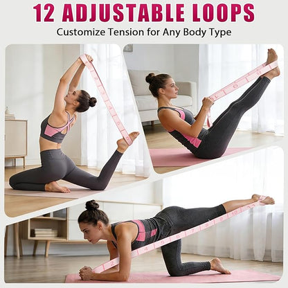 Fitness Resistance Bands with 12 Loops, Numbered Resistance Bands for Physical Therapy, Women Stretch Strap for Home Gym, Elastic Exercise Bands for Yoga, Pilates, Leg Stretching, Dance