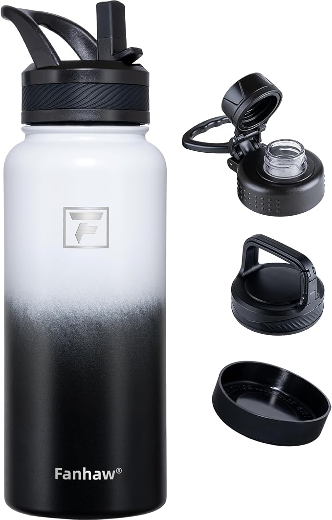 Fanhaw 32 oz Insulated Water Bottle – Portable Stainless Steel Flask with 3 Lids (Straw, Spout, Carabiner) | Leakproof, for Gym, Hiking, Work, Travel & Everyday Use (White Black)