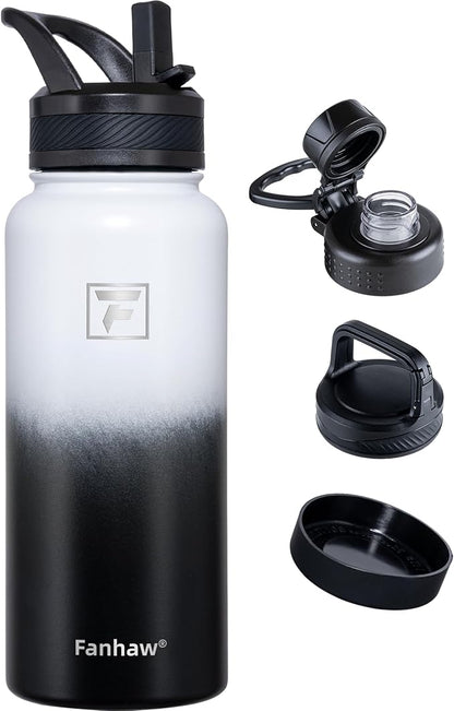 Fanhaw 32 oz Insulated Water Bottle – Portable Stainless Steel Flask with 3 Lids (Straw, Spout, Carabiner) | Leakproof, for Gym, Hiking, Work, Travel & Everyday Use (White Black)