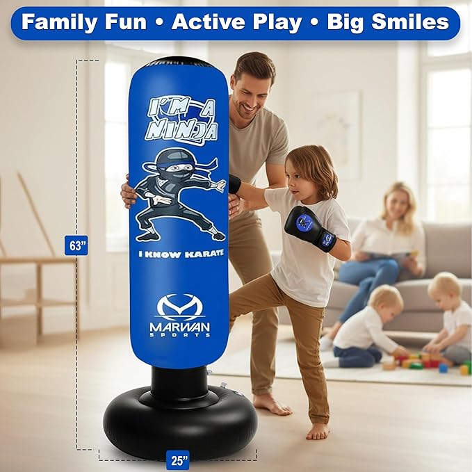 Marwan Sports Punching Bag for Kids with Boxing Gloves Ages 4-12 – 63" Inflatable Boxing Bag for Kids, Fast Rebound Set, Christmas & Birthday Gift for Boys & Girls