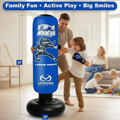 Marwan Sports Punching Bag for Kids with Boxing Gloves Ages 4-12 – 63" Inflatable Boxing Bag for Kids, Fast Rebound Set, Christmas & Birthday Gift for Boys & Girls