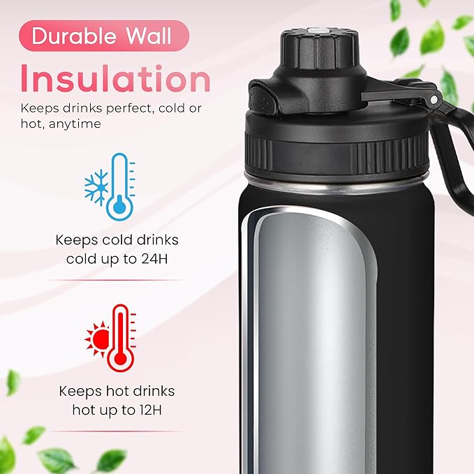 Y TOP 24oz Insulated Water Bottle Leak Proof Spout Lid Fits in Car Cup Holder – Double Wall Dishwasher Safe Easy Clean stainless steel drinking water bottle for Gym Kids Sports Travel Hiking School