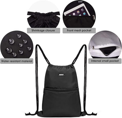 WANDF Drawstring Backpack String Bag Sackpack Cinch Water Resistant Nylon for Gym Shopping Sport Yoga (Black)