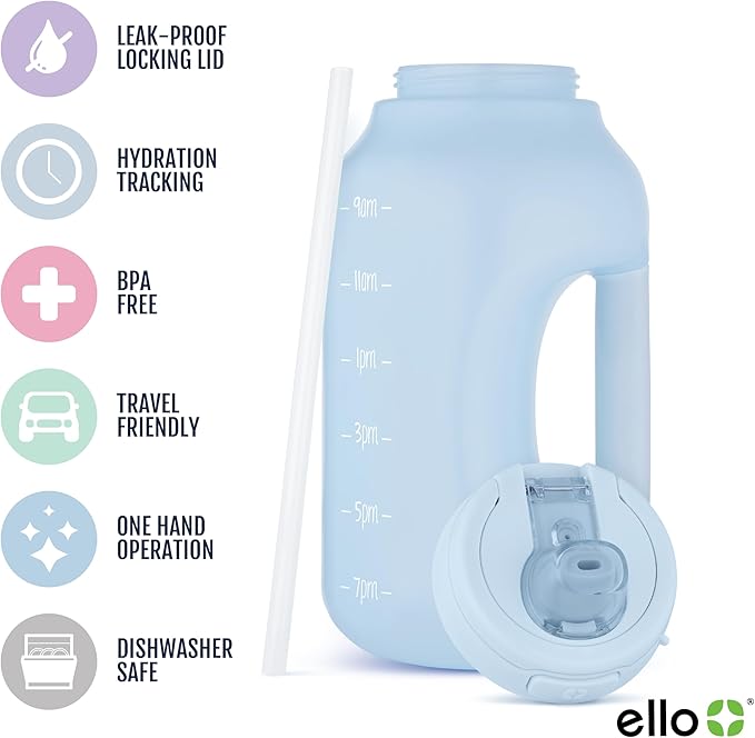 Ello Hydra 64oz Half Gallon Water Jug with Handle and Motivational Time Markers for All Day Hydration, Plastic Reusable Water Bottle with Straw and Locking, Leak Proof Lid, BPA Free