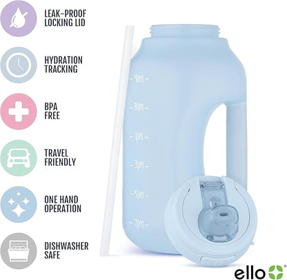 Ello Hydra 64oz Half Gallon Water Jug with Handle and Motivational Time Markers for All Day Hydration, Plastic Reusable Water Bottle with Straw and Locking, Leak Proof Lid, BPA Free