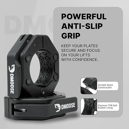 DMoose Fitness Barbell Clips 2 Inch (Pair) - Quick Release Olympic Barbell Clamps & Collars with Anti Slip TPR Grip for Secure Weightlifting and Powerlifting - Weight Clips for Bars at Home or Gym