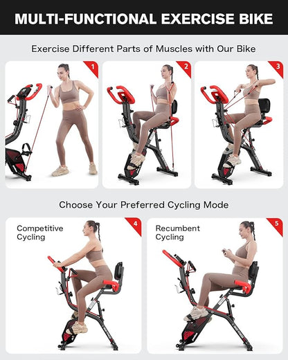 pooboo Folding Exercise Bike, Foldable Upright Stationary Bike, Indoor Cycling Magnetic X-Bike with 8-Level Adjustable Resistance, 6.6 LBS Flywheel, 300LB Capacity, Back Support Cushion for Home Gym