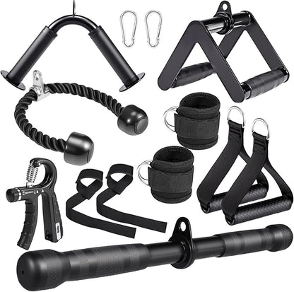 10-in-1 Cable Machine Attachments Set for Gym - Includes Tricep Rope, V-Bar, Straight Bar, D-Handle, Ankle/Wrist Straps, Storage Bag - Compatible with LAT Pulldown & Home Gym Cable Machines