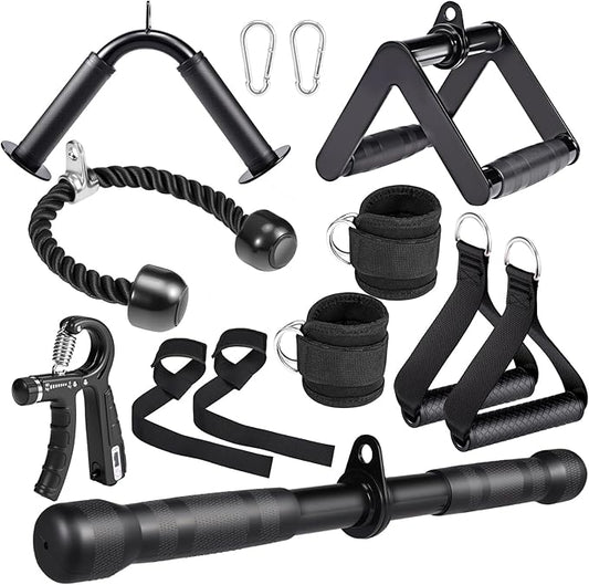 10-in-1 Cable Machine Attachments Set for Gym - Includes Tricep Rope, V-Bar, Straight Bar, D-Handle, Ankle/Wrist Straps, Storage Bag - Compatible with LAT Pulldown & Home Gym Cable Machines