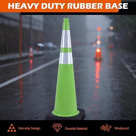 4 Pack 36 Inch Green PVC Traffic Cones Black Base Stable Large Size, Highway Traffic Outdoor Construction Safety Warning Cones (4, Green, 36 Inch)