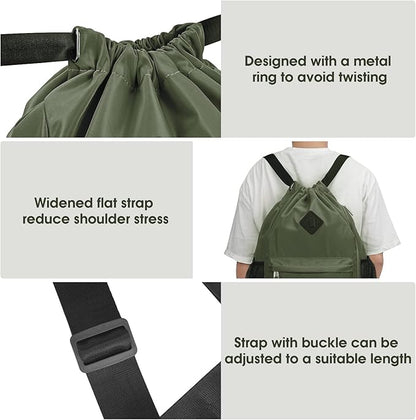 WANDF Drawstring Backpack Sports Gym Bag with Shoes Compartment, Water-Resistant String Backpack Cinch for Women Men (Large,Dark green)