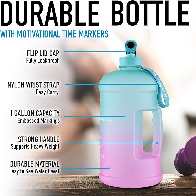 Hydration Nation 1 Gallon Water Bottle with Times to Drink - Motivational Time Reader Leak-Proof Jug with Flip Cap & Strap - 128oz Sports Bottle