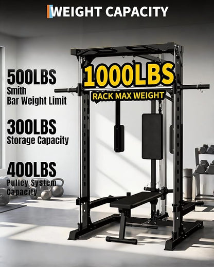 Smith Machine with Bench, Heavy Duty Power Cage Squat Rack with Smith Bar, LAT Pulldown System, Chest Station & More Training Attachment, Home Gym Equipment for Strengthen Training