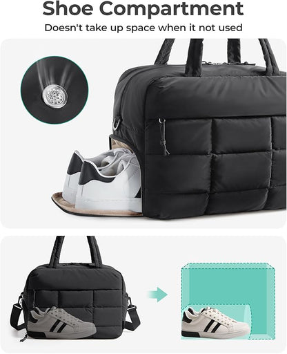 BAGSMART Gym Bag for Women, Carry on Travel Duffel Bag, Water-resistant Weekender with Shoe Compartment for Gym Travel Work, Black, Medium