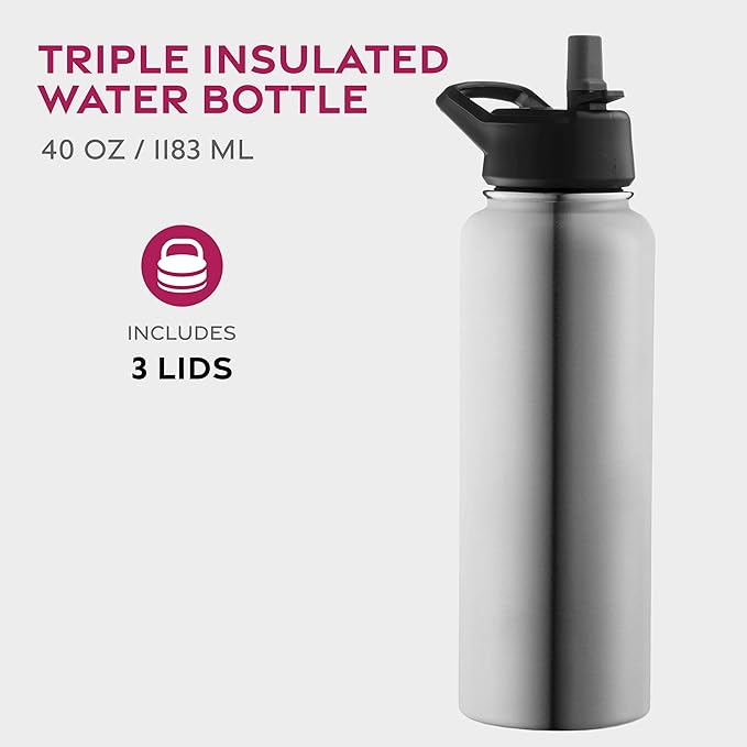 FineDine Water Bottle - Stainless Steel Insulated Water Bottle with Straw Lid, Flip Lid & Wide-Mouth Cap - Keeps Hot and Cold - 40 Oz / 1.18L - Brushed Stainless Steel