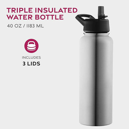 FineDine Water Bottle - Stainless Steel Insulated Water Bottle with Straw Lid, Flip Lid & Wide-Mouth Cap - Keeps Hot and Cold - 40 Oz / 1.18L - Brushed Stainless Steel