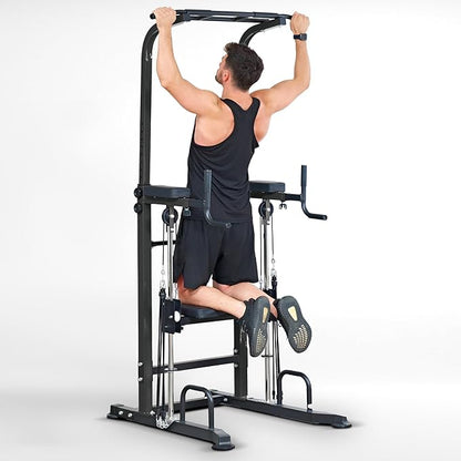 Dland Power Tower Dip Station Pull Up Bar Exercise Tower, Multi-Function Adjustable Training Equipment for Home Gym, Strength Training Workout Equipment, Black