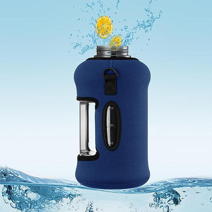 Half Gallon Water Bottle with Straw 74 oz Large Water Bottle Big Gym Water Bottle with Storage Sleeve BPA Free Gallon Water Jug with Handle and Bottle Brush Navy Blue