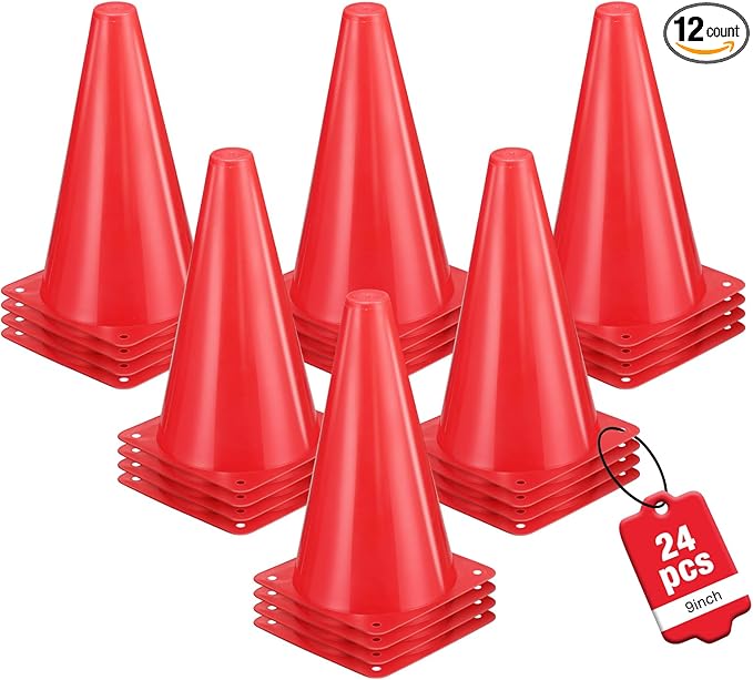 24pcs Cones 9 Inch Soccer Cones and Plastic Traffic Cones, Durable Cones for Sports Training, Ideal for Soccer, Basketball, Football, Skating, and Agility Drills Practice