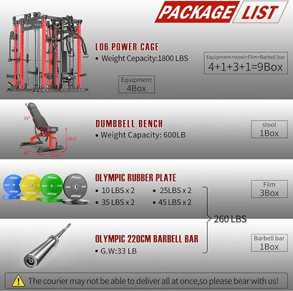 Smith Machine with Cable Crossover System, Multi-Function Power Cage Squat Rack for Home Gym, Power Rack and Packages Weight Sets.