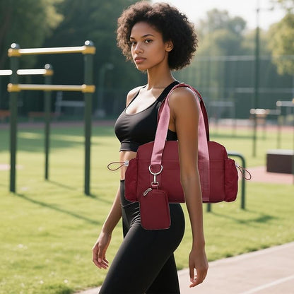 Everyday Mini Gym Bag for Women 2.0, Small Tote with Zipper Compartment Waterproof Travel Duffle Cute Handbag Workout Carry On with Removeable Shoulder Strap & Coin Wallet Easy to Clean-Wine
