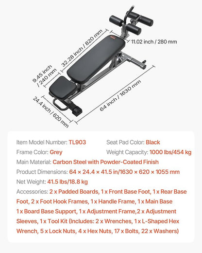VEVOR Sit Up Bench, Decline Ab Bench with Reverse Crunch Handle, Adjustable Height Setting, Heavy Duty Steel, 500/600/1000 Lbs Capacity for Home Gym Workouts, Strength Training, Full Body Muscles