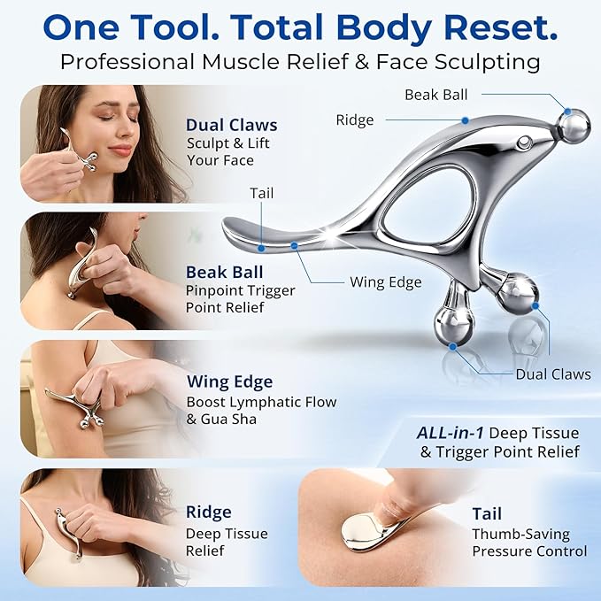 Trigger Point Massage Tool & Gua Sha for Face & Body – All-in-1 Deep Tissue Massage & Muscle Scraper Tool, Thumb Saver Acupressure Tool – Facial Sculpting, TMJ, Chronic Pain & Muscle Tension Relief