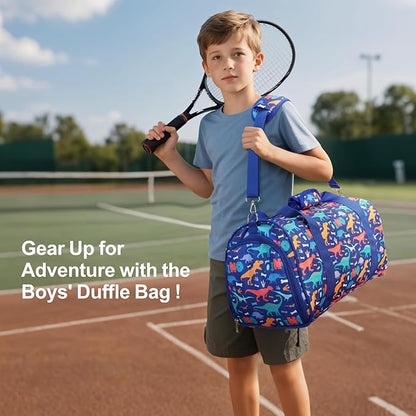 Bagseri Boys Duffle Bag for Travel - Kids Gym & Sports Bag with Shoe Compartment & Water Resistant Wet Pocket, Weekender for Camping & Sleepover (Blue Dinosaur)