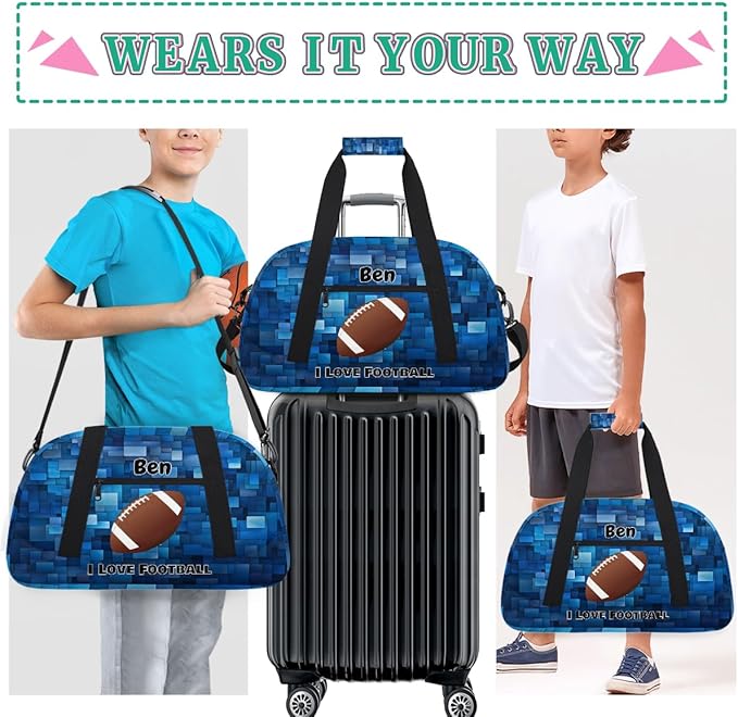 Custom Sports Gym Bags for Boys, Overnight Duffel Bags Workout Training Personalized Sport Gym Bag Travel Practice Gymnastics Duffel Bag, I Love Football Blue Geometric Pattern