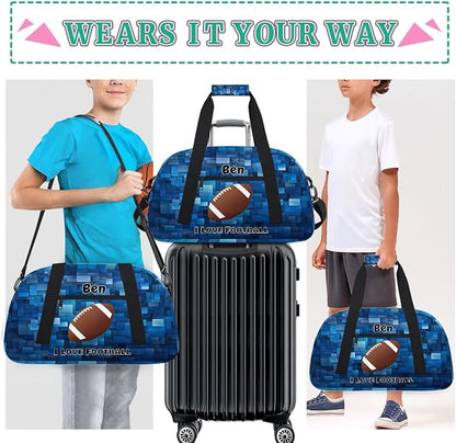 Custom Sports Gym Bags for Boys, Overnight Duffel Bags Workout Training Personalized Sport Gym Bag Travel Practice Gymnastics Duffel Bag, I Love Football Blue Geometric Pattern