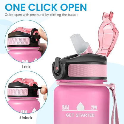 32 oz Water Bottles with Times to Drink and Straw, Motivational Water Bottle with Time Marker, Leakproof & BPA Free, Drinking Sports Water Bottle WIth Hand Strap for Fitness, Gym & Outdoor (pink-1)