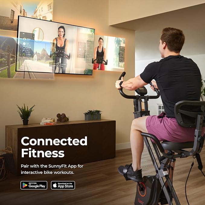 Sunny Health & Fitness Smart Folding X-Bike, Portable Compact Exercise Bike for Indoor Cycling Workout, Home Cardio Training Machine, Free SunnyFit App Bluetooth Connect
