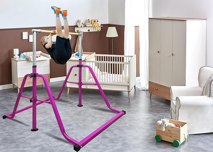 Foldable & Moveable Gymnastics Horizontal Bar with Rings,3’to 5’Adjustable Height Expandable Junior Kip Bar for Home,Indoor Gym Equipment for Kids