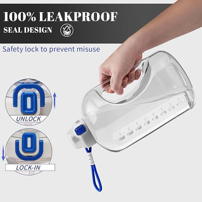 64 OZ Water Bottle with Straw, Half Gallon Water Bottle Times to Drink, Reusable Leak Proof Water Jug Handle with Strap, 2 Lids BPA Free for Fitness Gym Camping (Clear, 64 Ounces)