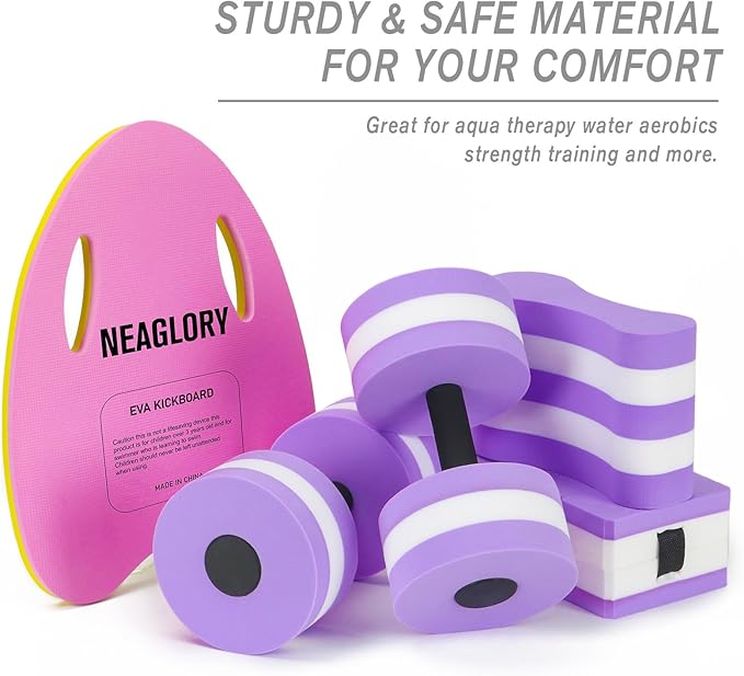 NEAGLORY 5 Pieces Water Aerobics Set, Aquatic Exercise Set Pool Fitness Equipment with Foam Dumbbell, Swim Kickboard, Pull Buoy, Aquatic Swim Belt for Water Workout